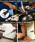 Person using a flexible tool with a magnetic tip for retrieving parts from a car hood and tight corners in a house.