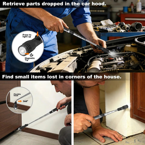 Person using a flexible tool with a magnetic tip for retrieving parts from a car hood and tight corners in a house.