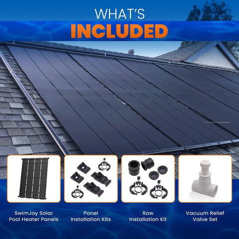 DIY Solar Pool Heater Kit With High Wind Mounting And Freeze Resistant Tech installation on roof, includes panels and kits.