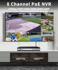 8-channel PoE NVR system displaying security footage, supports up to 8MP cameras, 4K resolution home surveillance setup.