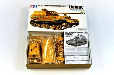 One Forty Eight Scale German Elefant Tank Destroyer Plastic Model Kit With Detailed Boxy Superstructure And Realistic Eight Point Eight Centimeter Pak Forty Three L Seventy One Gun For Dioramas And Hobby Builders showing box contents