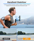 Man running with Osmo Pocket 3 Handheld Stabilizer Grip Case, showcasing smooth footage capability in landscape comparison.