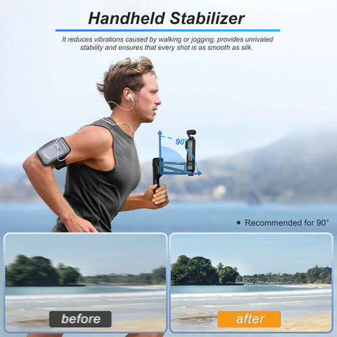 Man running with Osmo Pocket 3 Handheld Stabilizer Grip Case, showcasing smooth footage capability in landscape comparison.