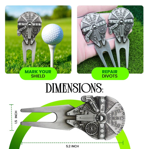 Funny Golf Ball Marker With Magnetic Hat Clip featuring durable enamel Falcon design, shown with dimensions and usage options.