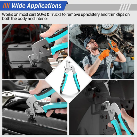 Straight Up Pro Grade Car Clip Pliers gripping trim clips on a vehicle for easy removal of upholstery and panels.