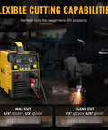 55Amp Dual Voltage Plasma Cutter With HF Non-Touch Pilot Arc, 110V/220V LED Display in workshop, showing cutting capabilities