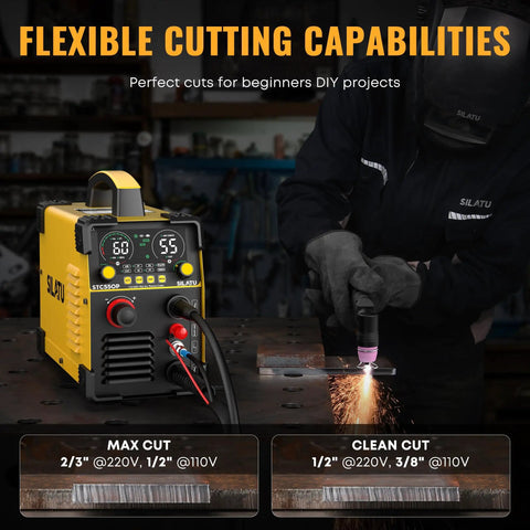 55Amp Dual Voltage Plasma Cutter With HF Non-Touch Pilot Arc, 110V/220V LED Display in workshop, showing cutting capabilities