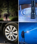 Collage of LED Tactical Flashlight PTAC1000 Two Pack outdoors, clipped to jeans, next to tire, beam in forest and sky