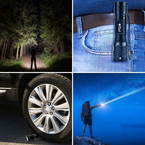 Collage of LED Tactical Flashlight PTAC1000 Two Pack outdoors, clipped to jeans, next to tire, beam in forest and sky