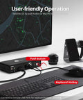 2 Port HDMI KVM Switch Swap Between Two 4K60 Monitors No Sweat Using One Shared Keyboard Mouse And Headphone Setup For Your Ultimate Home Office Or Gaming Rig, showcasing push button and keyboard hotkey operation.