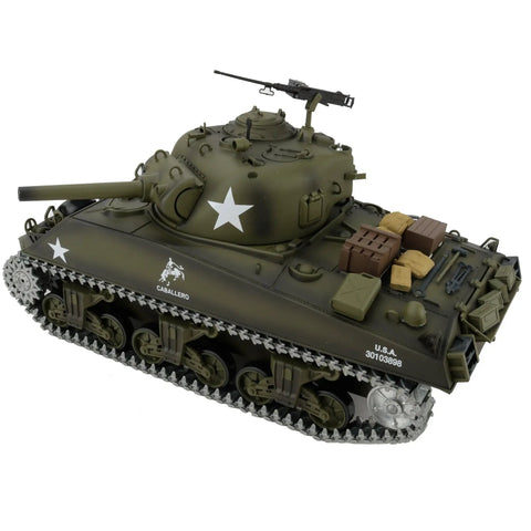 Beefed-Up One Sixteenth Scale RC Sherman Tank With 2.4GHz Remote, 360-Degree Turret, Metal Tracks And Sprockets, Steel Gearbox.