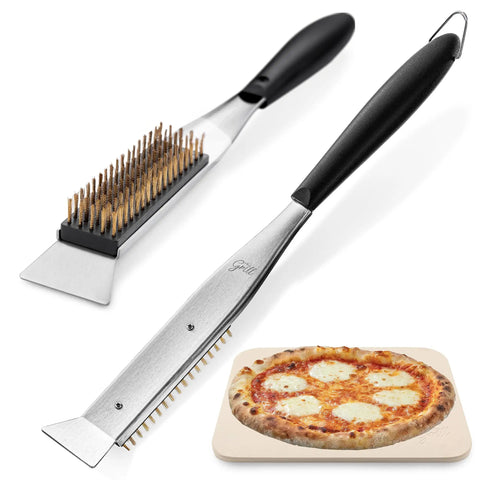 2 In 1 Pizza Oven Brush And Scraper For Quick Stone Cleaning With Stainless Steel Head next to cheese pizza