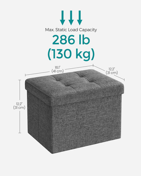 Mazie Folding Storage Ottoman Foot Rest Stool With Quick Foldaway Design, 286 lb Capacity, Dark Gray, Dimensions Shown