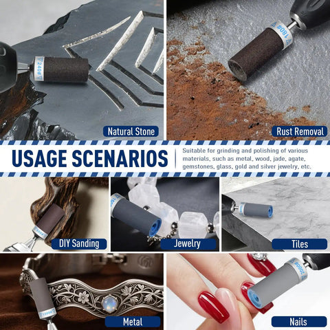 Ten Piece Hella Fine Grit Sanding Drum Bits For Rotary Tools With One Eighth Shank used on natural stone and jewelry for polishing.
