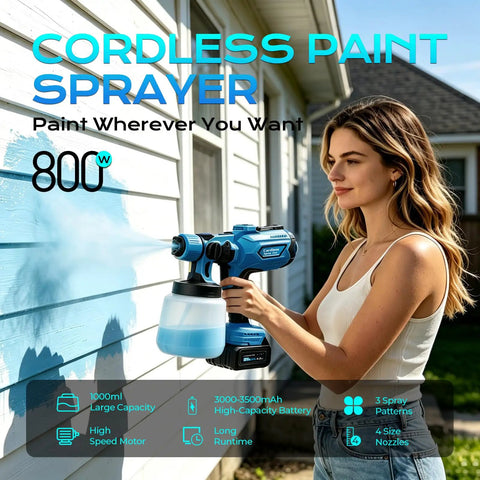 Ditch The Cords With This Hardworking Cordless Paint Sprayer Boasting A Bright LED Lamp, shown in use painting a house.
