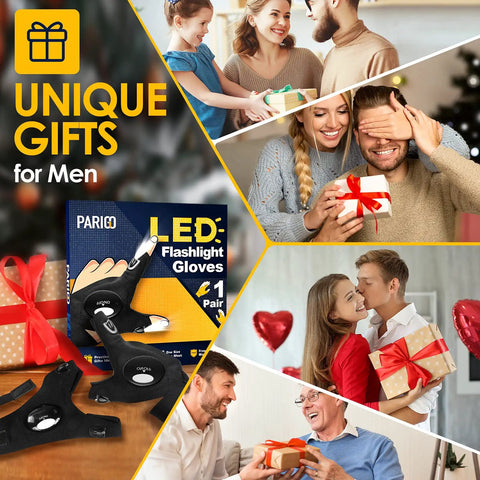 LED Flashlight Gloves Hands Free Work Light For Men And Dads Stocking Stuffers, gift set with family celebrations in background