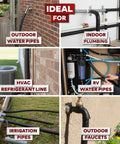 Collage showing Heavy Duty Foam Pipe Insulation Tape 2 Inch By 15 Feet With Extreme Adhesion For Outdoor AC And HVAC Lines Built To Last Weatherproof Pipe Wrap For Indoor Or Outdoor Use, applied to water pipes, plumbing, refrigerant line, and irrigation pipes.