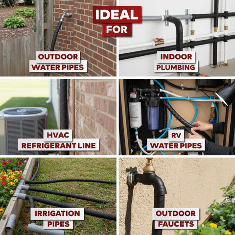 Collage showing Heavy Duty Foam Pipe Insulation Tape 2 Inch By 15 Feet With Extreme Adhesion For Outdoor AC And HVAC Lines Built To Last Weatherproof Pipe Wrap For Indoor Or Outdoor Use, applied to water pipes, plumbing, refrigerant line, and irrigation pipes.