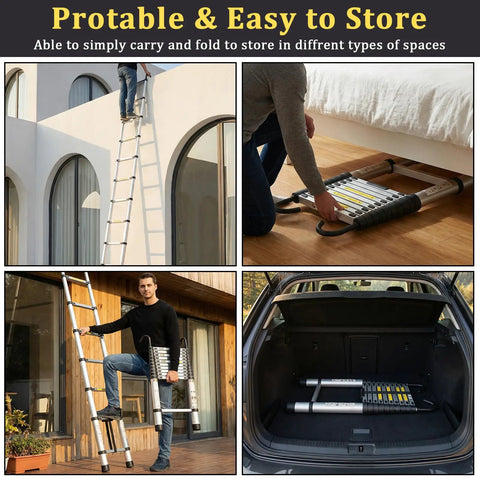 20.3 Ft Aluminum Telescoping Ladder With Stable Hooks, Heavy Duty 330 Lb Capacity, Multi Purpose Foldable Extension Ladder For Home, RV Or Outdoor Work, Lightweight Yet Sturdy, Anti Slip Feet For Safer High Reach, folded in car trunk