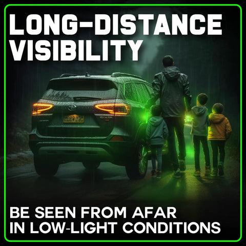 Family with Emergency Glow Sticks Pack Ultra Bright Chem Light Sticks beside SUV for visibility in low-light conditions.