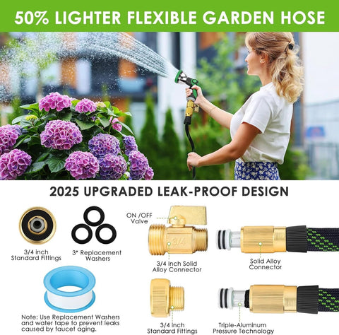 FlexiSolve non-expandable garden hose 150 ft with green 10-pattern spray nozzle watering hydrangeas
