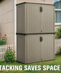 Stacked beige Outdoor Resin Storage Box 27 Cu Ft Weather Resistant Large Capacity Shed Like Crossover Storage Container