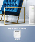 HEPA Pure Replacement Filter For Air Purifiers AC9400W And AC9600W next to a blue chair and air purifier