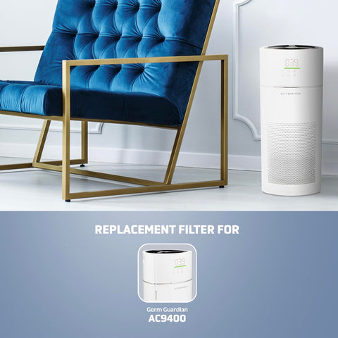 HEPA Pure Replacement Filter For Air Purifiers AC9400W And AC9600W next to a blue chair and air purifier