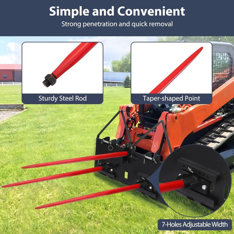49 Inch Heavy Duty Hay Spear Bale Fork For Tractor And Skid Steer Quick Attach Spike With Hex Nut And Sleeve, 4500 Lbs Load Capacity