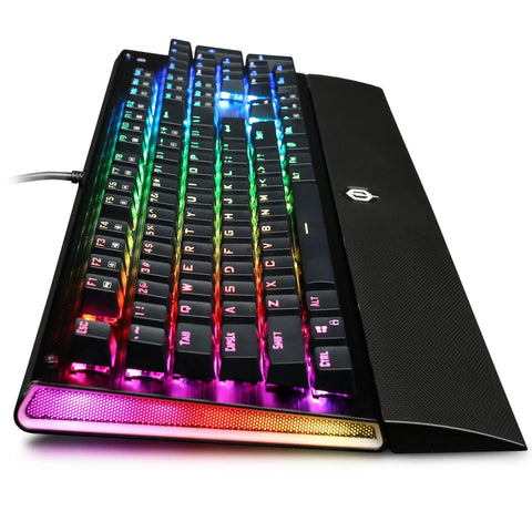 Beast Mode Mechanical Gaming Keyboard With Clicky Blue Switches, Vivid Rgb Backlighting, showing keys and colorful lights.