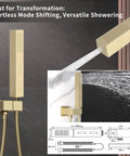 Straight Up Premium Dual Rain Shower System In Slick Brushed Gold Finish Featuring LED Ceiling Head Four Function Thermostatic Valve And Solid Brass Body. Modern shower head design, 7.3 inches, solid brass, versatile water flow.