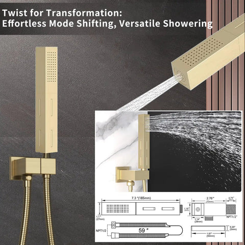 Straight Up Premium Dual Rain Shower System In Slick Brushed Gold Finish Featuring LED Ceiling Head Four Function Thermostatic Valve And Solid Brass Body. Modern shower head design, 7.3 inches, solid brass, versatile water flow.