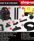 Badass 16 Gallon Wet Dry Utility Vacuum Featuring A Gutsy 6.5 Peak Horsepower Motor Tough As Nails Build showing included parts and accessories.