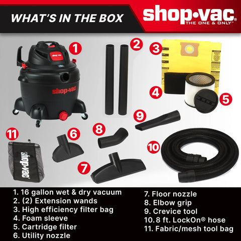 Badass 16 Gallon Wet Dry Utility Vacuum Featuring A Gutsy 6.5 Peak Horsepower Motor Tough As Nails Build showing included parts and accessories.