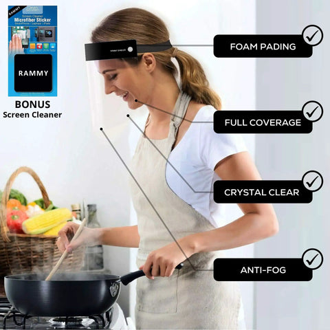 Woman cooking while wearing Clear Full Face Shield Mask Pack Of 2 Anti Fog Protective Shield For Eyes Nose And Face With Transparent Visor