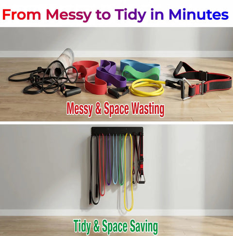 Upgraded Nine Hook Wall Mount Gym Storage Rack organizes gym gear from messy floor to tidy wall storage