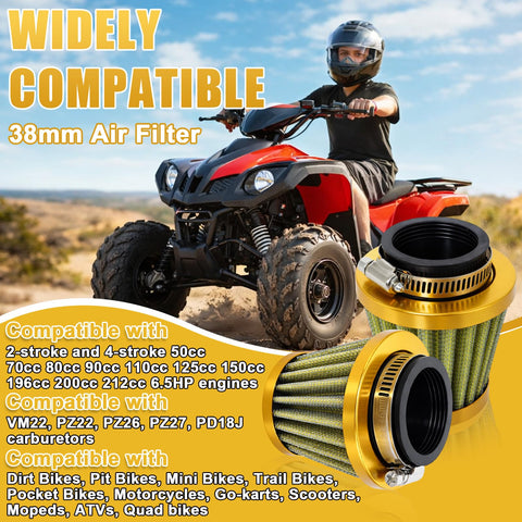 Two Pack 38mm Air Filter for 50cc to 200cc Small Engines with ATV in background and filters in foreground