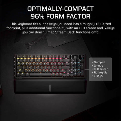 Goated 96 Percent Wireless Mechanical Gaming Keyboard With Compact Tkl Body Full Color Lcd Screen Rotary Knob Six Custom Keys Us Qwerty Black on dark desk.
