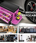 3-Drawer Rolling Mechanic Seat with Storage Tray, 350 lbs Capacity, purple work stool beside car wheel, visuals of workshop and garage spaces, cushioned seat, and side tool tray displayed.