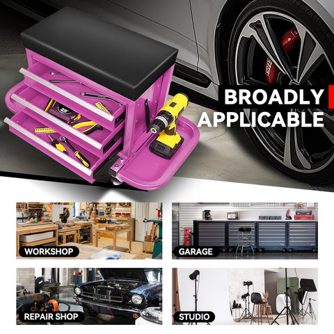 3-Drawer Rolling Mechanic Seat with Storage Tray, 350 lbs Capacity, purple work stool beside car wheel, visuals of workshop and garage spaces, cushioned seat, and side tool tray displayed.
