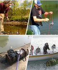 Beast Mode Ultra Strong 800 Lb Fishing Magnet Kit in action, retrieving a metal object from water with double-sided magnets.