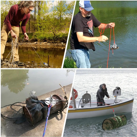 Beast Mode Ultra Strong 800 Lb Fishing Magnet Kit in action, retrieving a metal object from water with double-sided magnets.