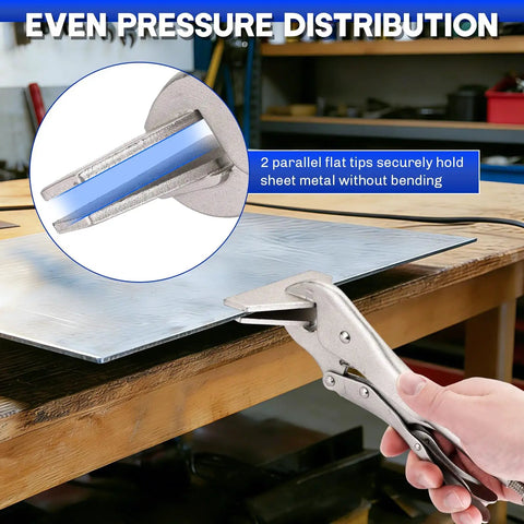 Badass Ten Inch Locking Sheet Metal Clamps Two Pack with flat tips holding sheet metal securely on workbench.