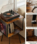 Rustic Record Player Stand Holding 100 Vinyl Records, Industrial Turntable Console With Deep Storage Shelving, cozy setup with vinyl albums.