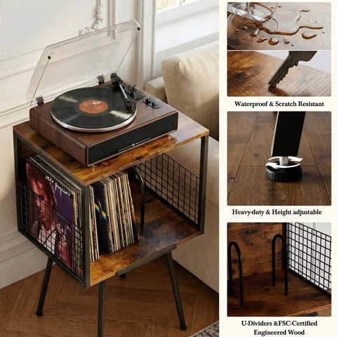 Rustic Record Player Stand Holding 100 Vinyl Records, Industrial Turntable Console With Deep Storage Shelving, cozy setup with vinyl albums.
