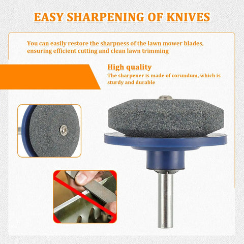 Close-up of corundum drill powered lawn mower blade sharpener kit, pack of 3, for quick sharpening on lawns, tractors, rotary tillers.