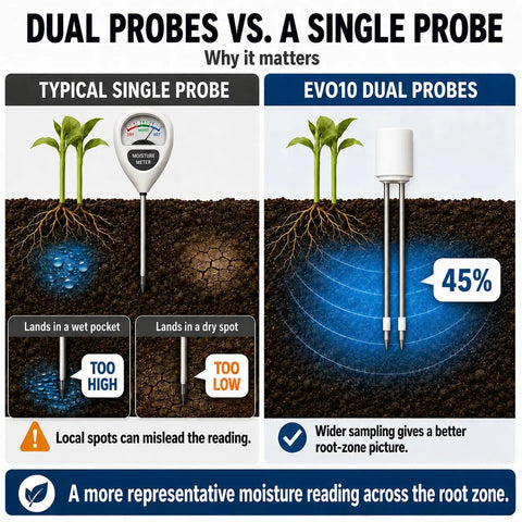 Dual Probes Leave In Soil Moisture Meter For Long Term Plant Care Real Readings On Soil Moisture Temperature And Sunlight Levels From Full Sun To Shade Indoor Outdoor Garden Monitoring, comparison graphic of dual-probe and single-probe soil meter in roots