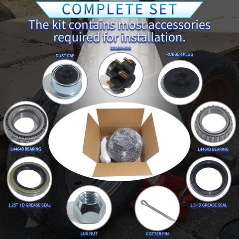 Trailer Hub Kit Five Lug Four Point Five Inch For Two Thousand Pound EZ Lube Axle Fits One Inch And One Sixteenth Inch, kit components displayed