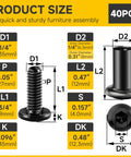 Quarter Inch Pro Grade Twenty By Three Quarters Flat Head Socket Cap Screws And Barrel Nuts Kit With Hex Key dimensions chart showing sizes for furniture assembly.