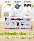 Front view of Micro-Wipes box with 50 reusable white 12x12in microfiber wipes in a dispenser.